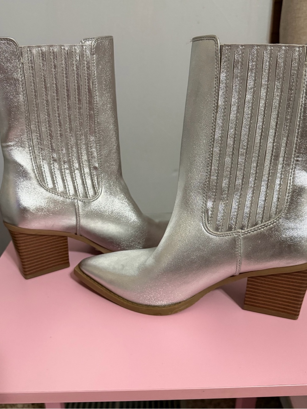 Forever 21 Metallic Silver Pointed Toe Block Heel Ankle Boots